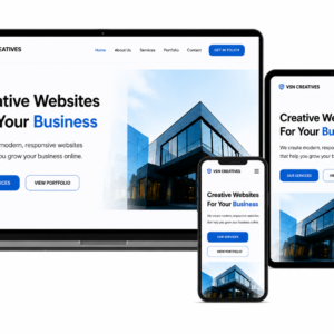Responsive business website designed by VSN Creatives displayed on a laptop, tablet, and smartphone, showcasing modern, mobile-friendly, and SEO-optimized web design.