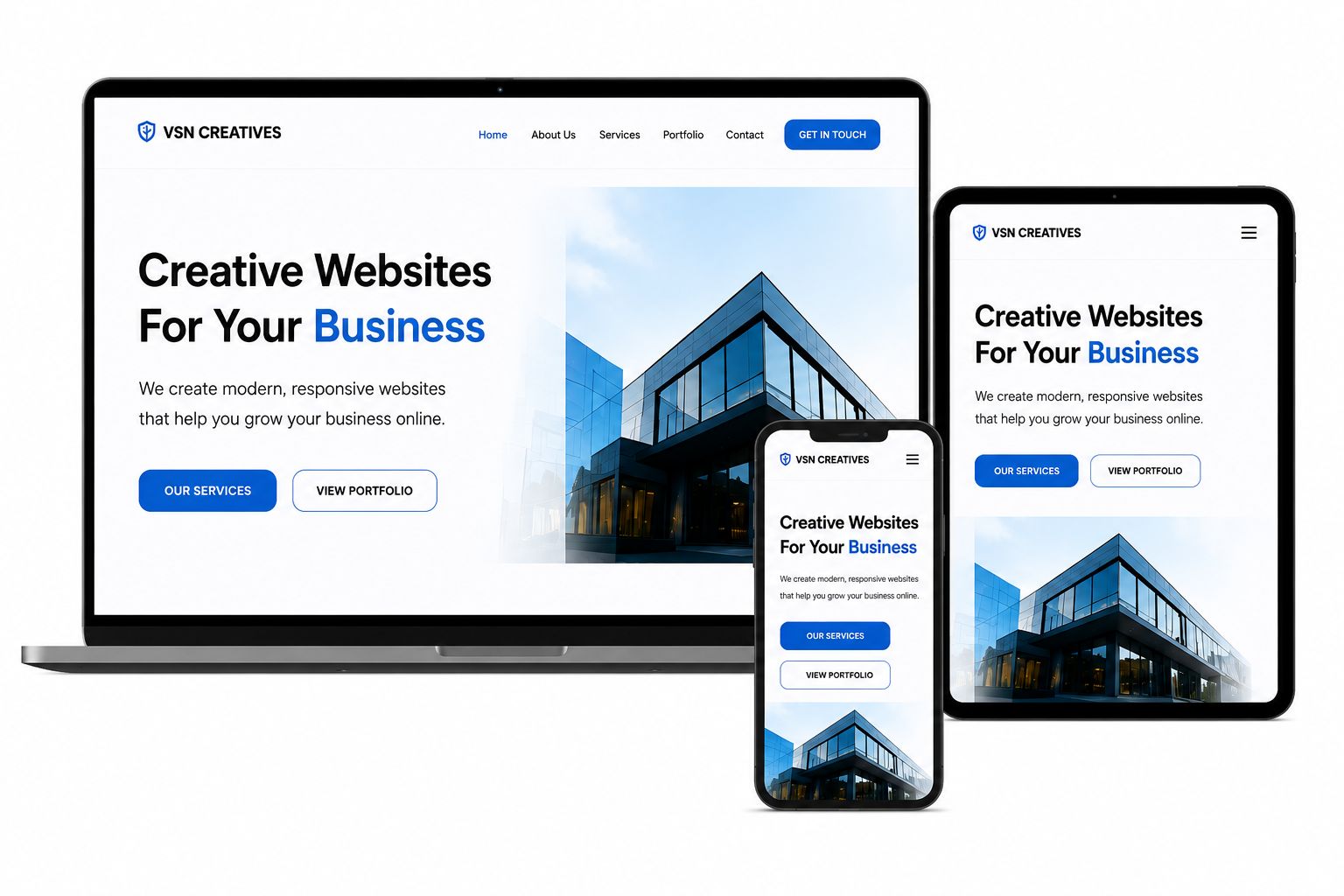 Responsive business website designed by VSN Creatives displayed on a laptop, tablet, and smartphone, showcasing modern, mobile-friendly, and SEO-optimized web design.
