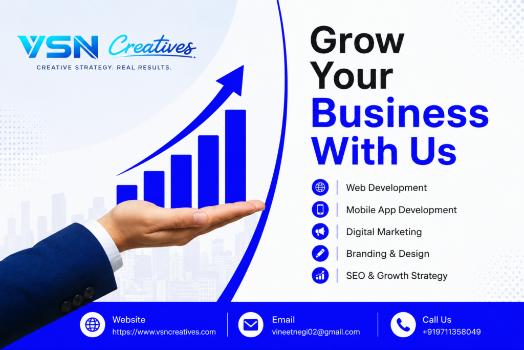 VSN Creatives digital marketing banner promoting web development, mobile app development, digital marketing, branding, SEO, and business growth services.